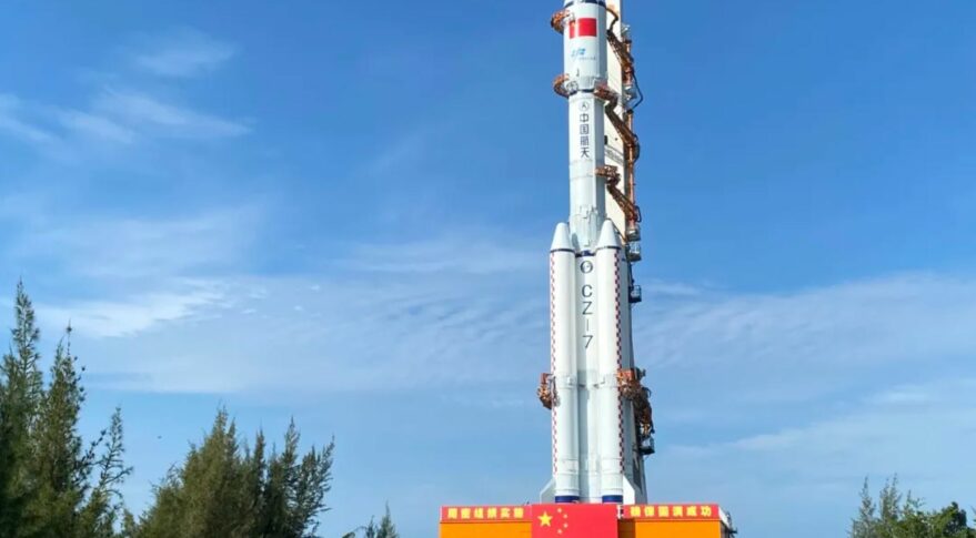 The Long March 7 (Y4) rocket to launch Tianzhou-3 being vertically transferred to the pad, September 16, 2021.