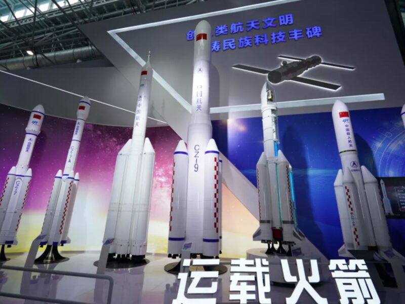 Current and future Long March rocket models on display at the 2021 Zhuhai Airshow, including the Long March 9 (center) and new-generation crewed launcher (center-left) with launch escape system.