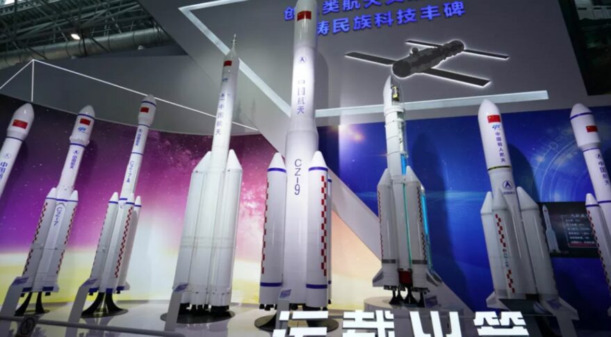 Current and future Long March rocket models on display at the 2021 Zhuhai Airshow, including the Long March 9 (center) and new-generation crewed launcher (center-left) with launch escape system.