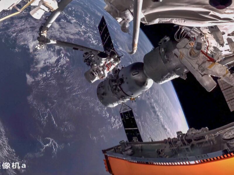 An image from Tianhe panoramic camera A during the first Shenzhou-13 spacewalk outside the Tiangong space station in November 2021.