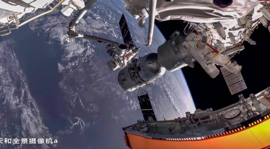 An image from Tianhe panoramic camera A during the first Shenzhou-13 spacewalk outside the Tiangong space station in November 2021.
