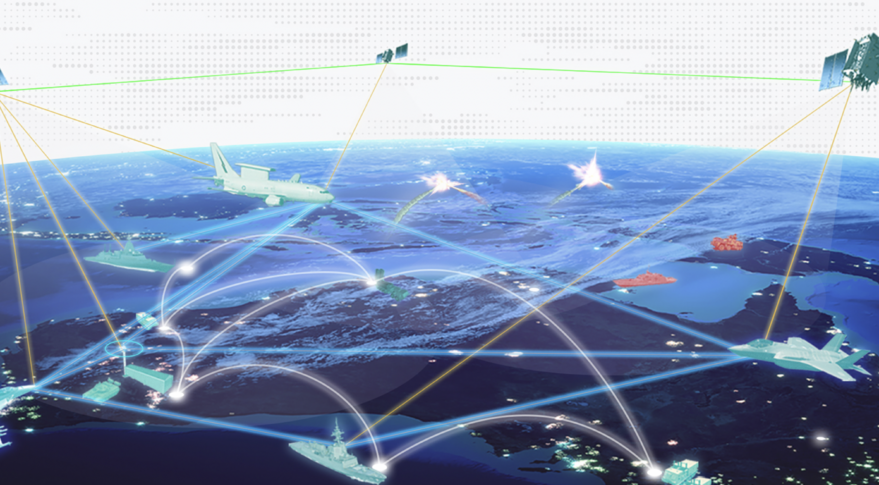 Иллюстрация информационной сети, которая соединяет боевые платформы через воздух, землю, море и космос