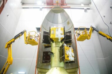Galaxy Space GS-2 broadband satellites inside a Long March 2C payload fairing in Xichang.