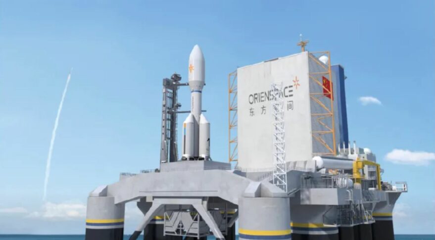 An illustration of the Orienspace "Gravity-1" launch vehicle on a sea launch platform.