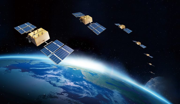 A render of Geely's GeeSat navigation and connectivity satellites in low Earth orbit.