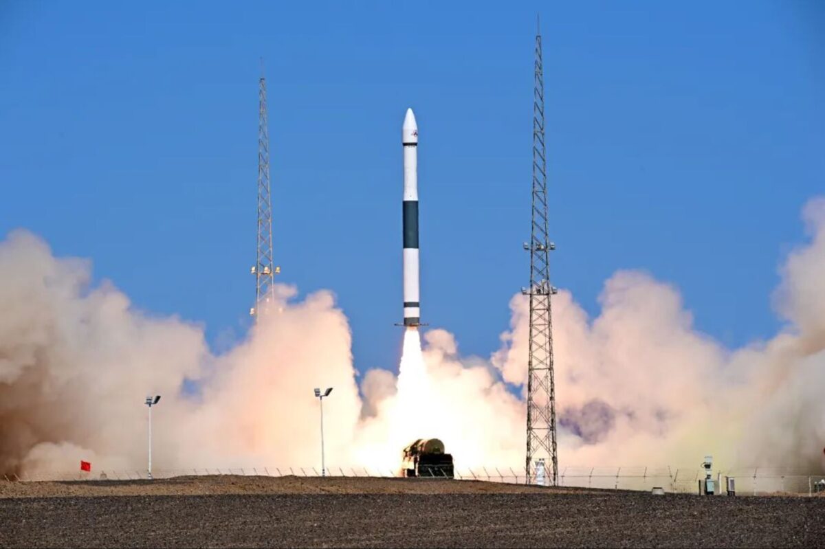 Liftoff of a Kuaizhou-1A solid rocket from a TEL at Jiuquan Satellite Launch Center in the Gobi Desert, on June 22 (UTC), 2022.