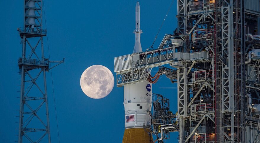 SLS on pad with Moon