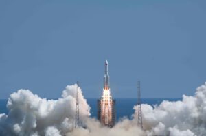 Liftoff of the third Long March 5B rocket, carrying the Wentian space station module into orbit on July 24, 2022.