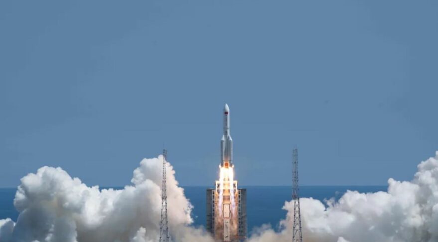 Liftoff of the third Long March 5B rocket, carrying the Wentian space station module into orbit on July 24, 2022.