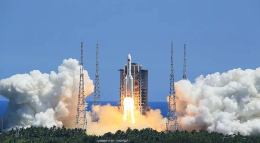 Liftoff of the third Long March 5B heavy-lift rocket from the coastal Wenchang spaceport, carrying the Wentian space station module into orbit on July 24, 2022.