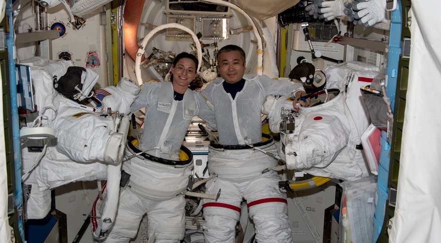 NASA astronaut Nicole Mann and JAXA astronaut Koichi Wakata preparing for a spacewalk scheduled for Jan. 20. Credit: NASA