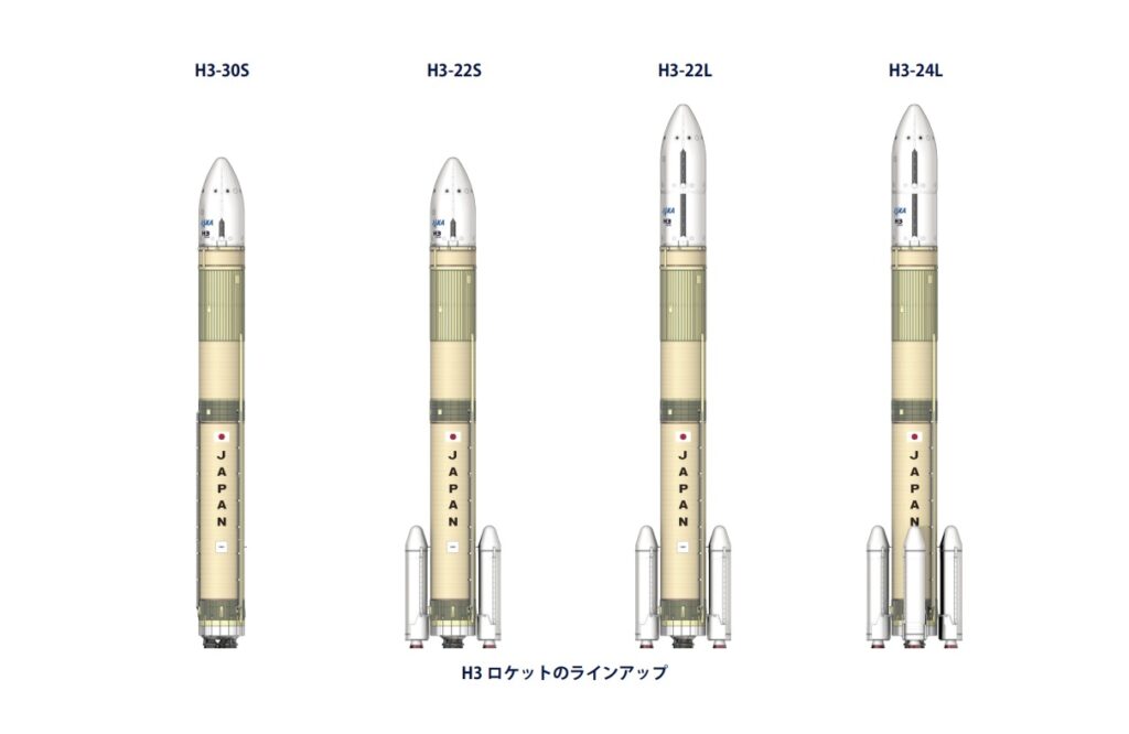A line drawing of the four variants of Japan's new H3 rocket.