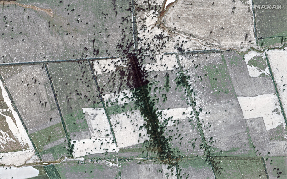Maxar satellite imagery collected February 10, 2023, shows areas of intense artillery shelling in the farms and fields southwest of Pavlivka, Ukraine, as Ukrainian forces reportedly pushed back Russian troops that have been attempting to capture territory in the area. Credit: Maxar Technologies