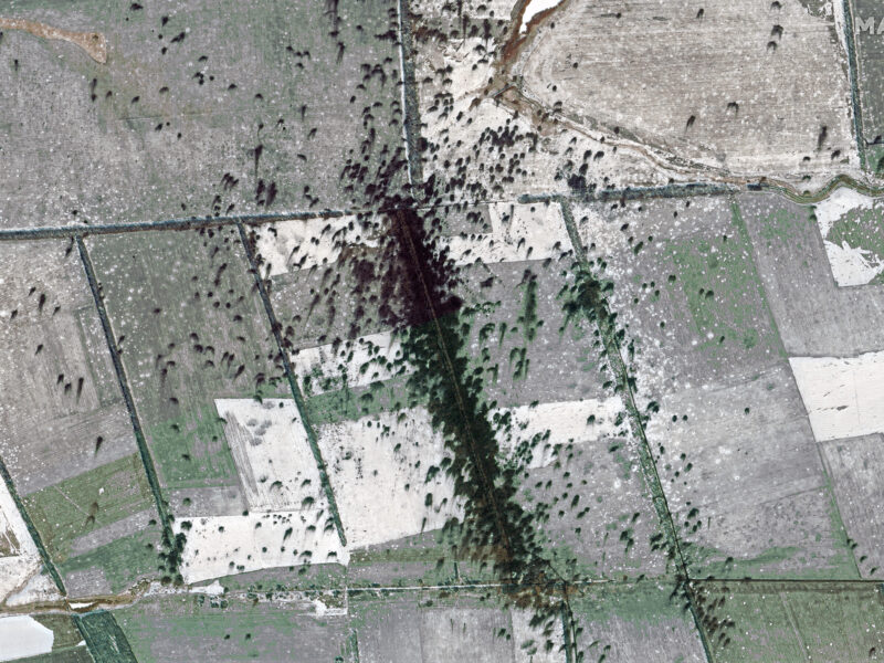 Maxar satellite imagery collected February 10, 2023, shows areas of intense artillery shelling in the farms and fields southwest of Pavlivka, Ukraine, as Ukrainian forces reportedly pushed back Russian troops that have been attempting to capture territory in the area. Credit: Maxar Technologies