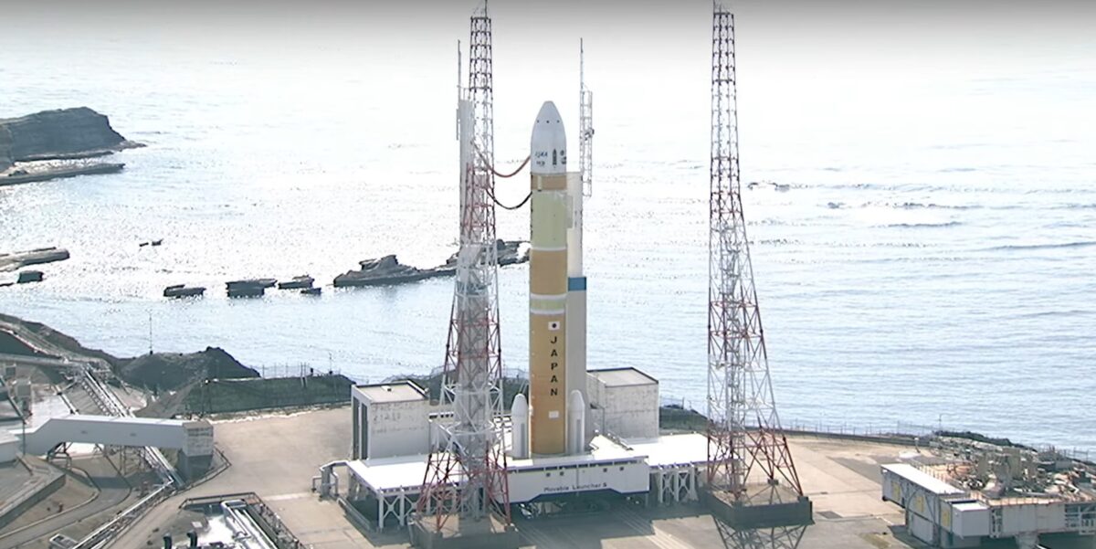 H3 rocket stands on the launch pad at Tanegashima Space Center, Feb. 16, in this image taken from YouTube.