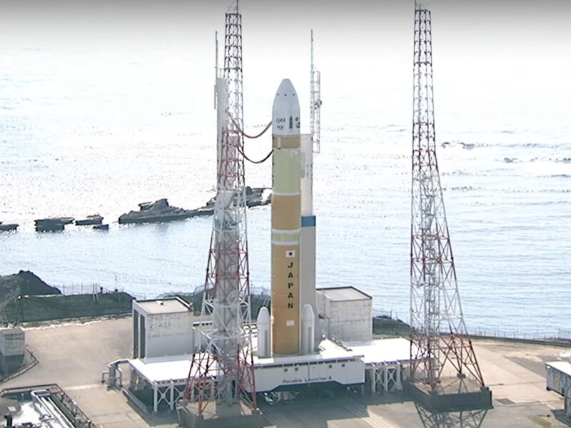 H3 rocket stands on the launch pad at Tanegashima Space Center, Feb. 16, in this image taken from YouTube.