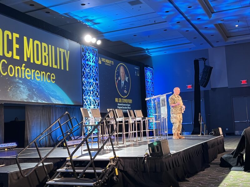 Maj. Gen. Stephen Purdy, program executive officer for assured access to space, speaks Feb. 21, 2023, at the Space Mobility conference in Orlando, Fla. Credit: SpaceNews