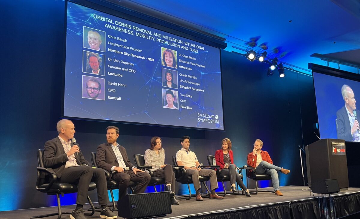 Panelists at the 2023 SmallSat Symposium in Mountain View, California, discuss the challenges of space congestion and what the industry is doing to tackle the problem. Credit: Debra Werner / SpaceNews
