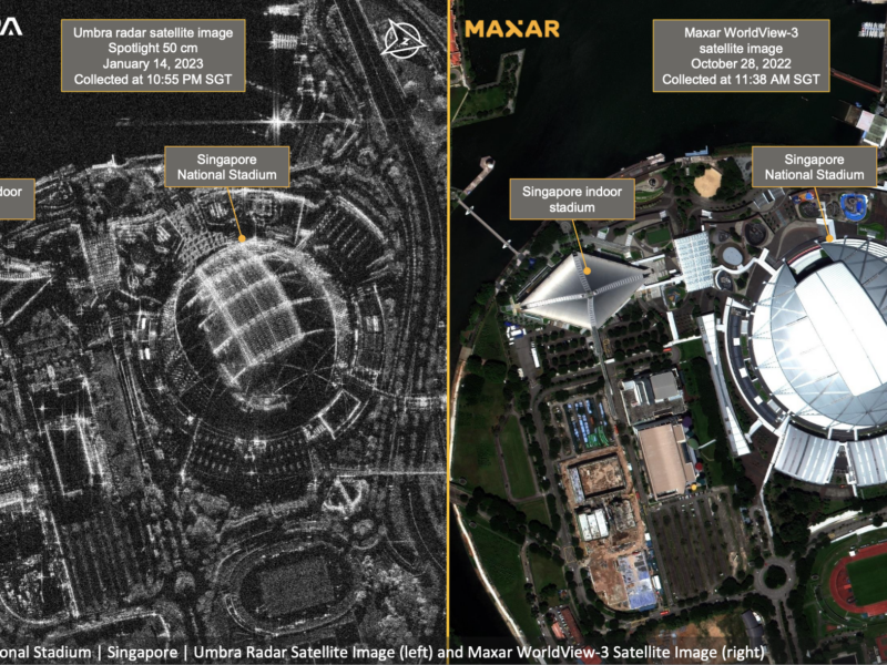Images of Singapore National Stadium, Singapore, collected by an Umbra radar satellite (left) and Maxar’s WorldView-3 satellite (right). These are the first images Umbra has shared from its SAR satellites. Credit: Maxar/Umbra