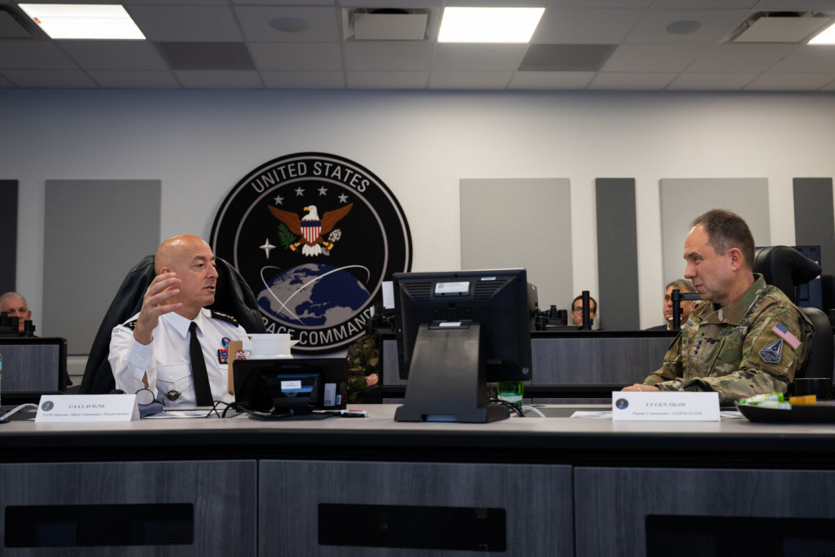 Lt. Gen. John Shaw, U.S. Space Command deputy commander (right) met with French Air and Space Force Gen. Phillipe Lavigne, NATO Supreme Allied Commander, Transformation, at U.S. Space Command headquarters, Feb. 3, 2023. Credit: U.S. Space Command