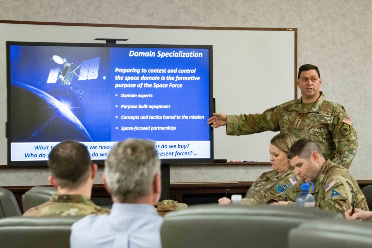 U.S. Space Force Gen. B. Chance Saltzman, chief of space operations, addresses students at the Air University faculty at Maxwell Air Force Base, Feb. 27, 2023. Credit: U.S. Air Force photo by Darius Hutton