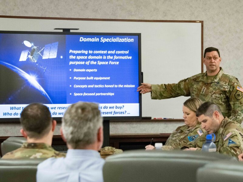 U.S. Space Force Gen. B. Chance Saltzman, chief of space operations, addresses students at the Air University faculty at Maxwell Air Force Base, Feb. 27, 2023. Credit: U.S. Air Force photo by Darius Hutton