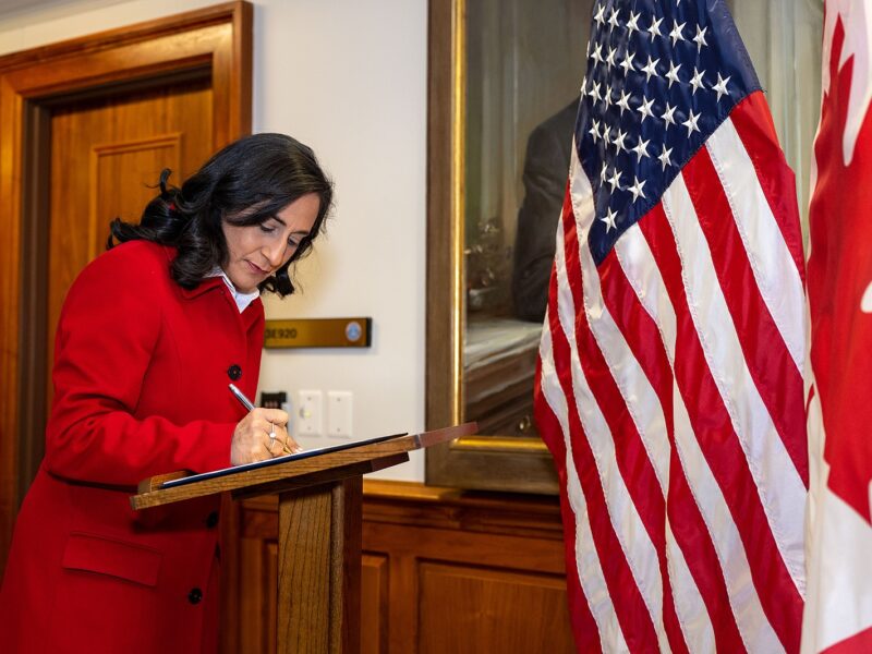 Canadian Minister of National Defense Anita Anand signs the Pentagon guest book during a bilateral exchange hosted by Secretary of Defense Lloyd J. Austin III at the Pentagon, Washington, D.C., Feb 10, 2023. (DoD photo by U.S. Navy Petty Officer 2nd Class Alexander Kubitza)