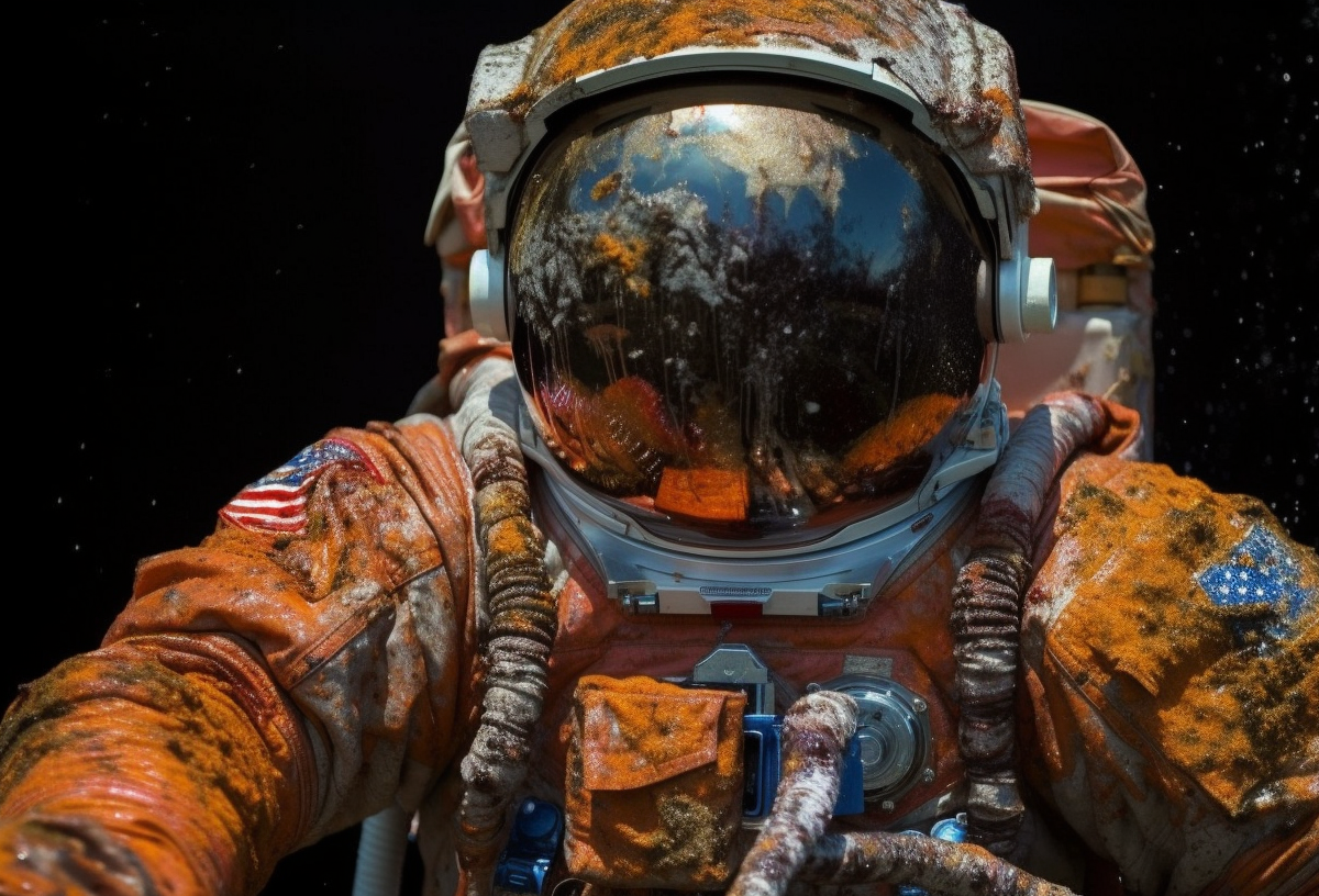 Illustration of a spacewalking astronaut covered in orange and green spores representing the trillions of microorganisms humans take with them wherever they go.