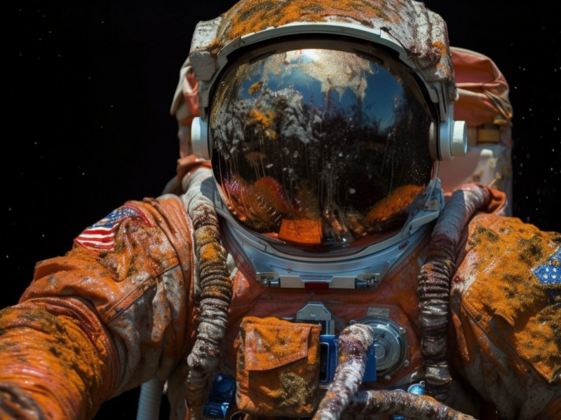 Illustration of a spacewalking astronaut covered in orange and green spores representing the trillions of microorganisms humans take with them wherever they go.