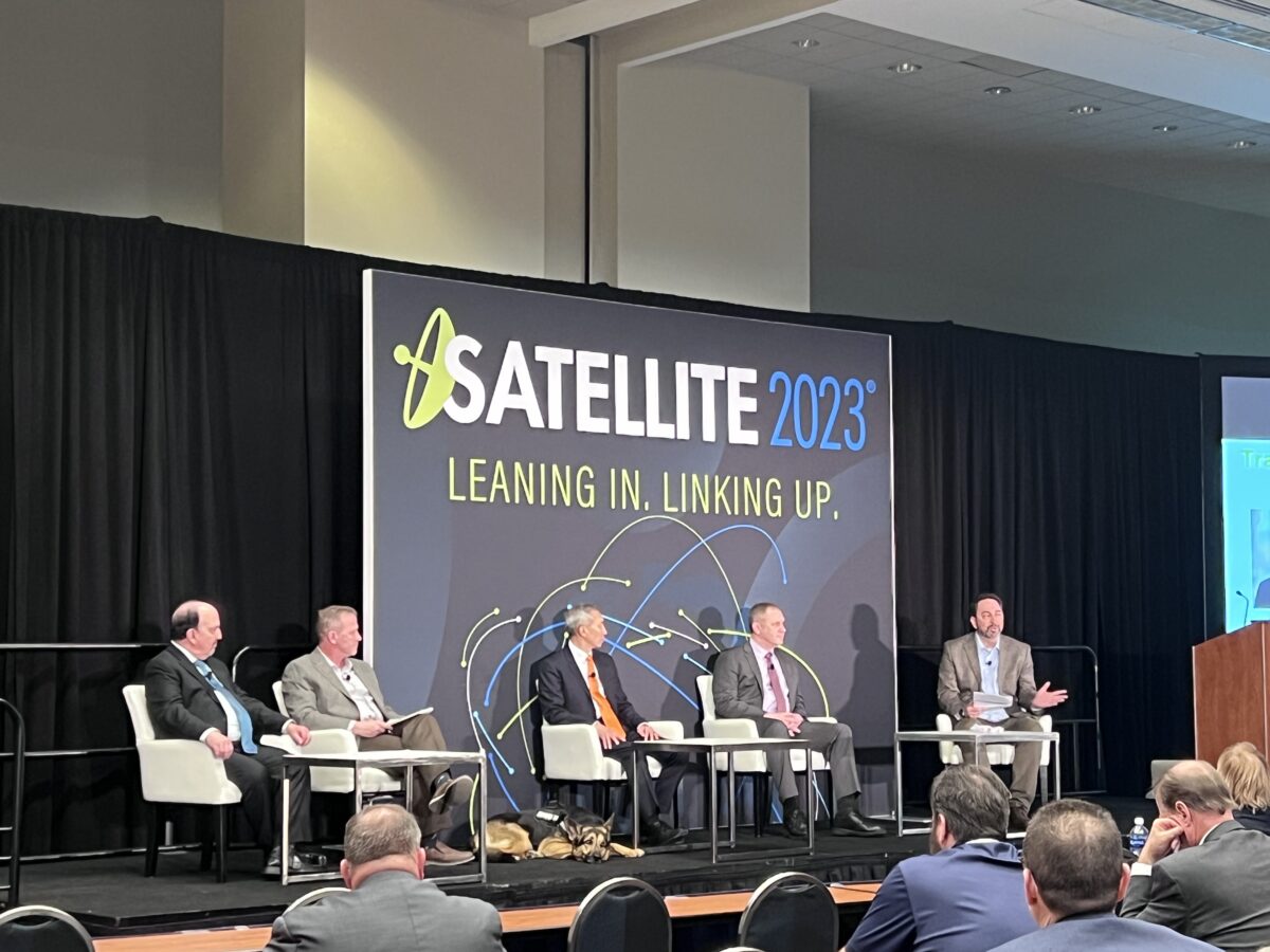 From left to right: Frank Turner, Technical Director, Space Development Agency; David Robinson, Director of Government Programs at Iridium; Rich Pang, Vice President of Corporate Development at Telesat Government Solutions; Mike Dean, DoD SATCOM Chief; and Craig Miller, president of Viasat Government Systems, participate in a panel discussion at Satellite 2023. Credit: SpaceNews