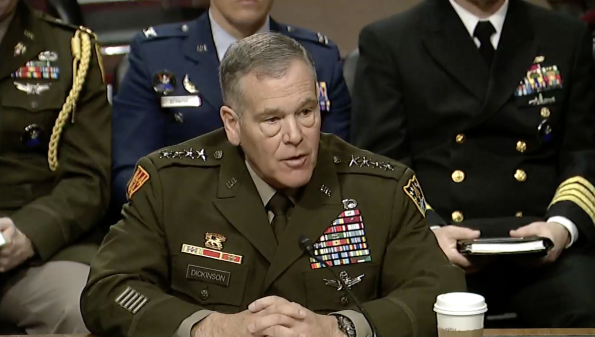 Gen. James Dickinson, commander of U.S. Space Command, testified March 9, 2023, at a Senate Armed Services Committee hearing. Credit: SASC livestream