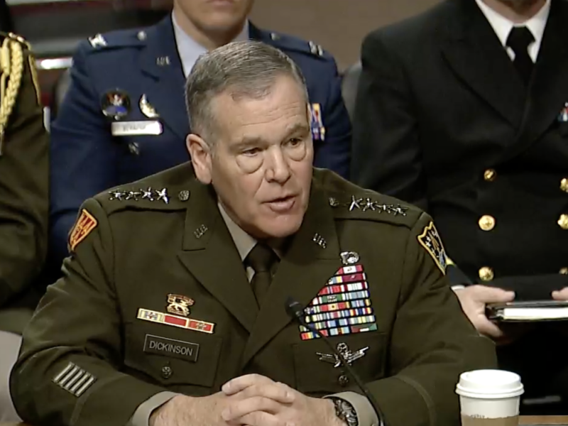 Gen. James Dickinson, commander of U.S. Space Command, testified March 9, 2023, at a Senate Armed Services Committee hearing. Credit: SASC livestream