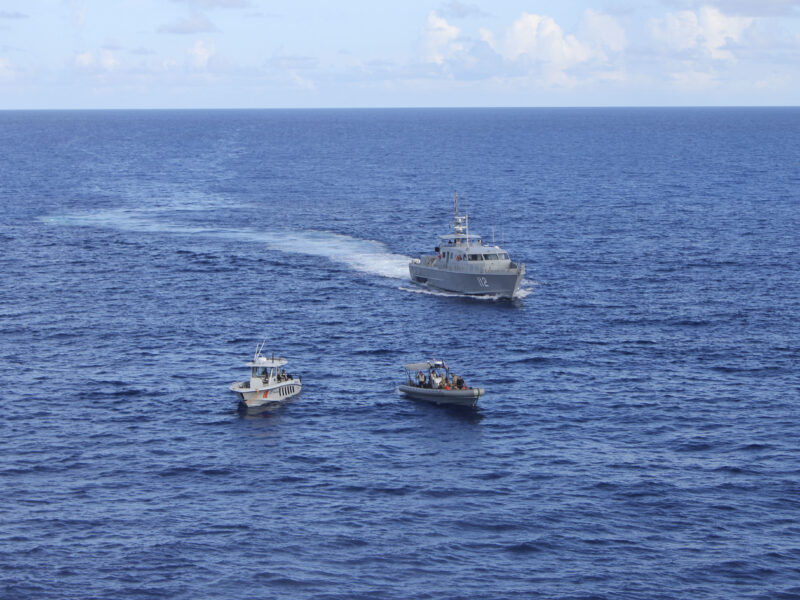 CARIBBEAN SEA (Nov. 10, 2022) An 11-meter rigid inflatable boat (center) from the Freedom-variant littoral combat ship USS Milwaukee (LCS 5) and Dominican navy vessels Altair (GC-112) (right) and Becrux (LI-170) (left) conduct a bilateral maritime interdiction exercise off the coast of Santo Domingo, Dominican Republic November 10, 2022. Milwaukee is deployed to the U.S. 4th Fleet area of operations to support Joint Interagency Task Force South’s mission, which includes counter-illicit drug trafficking missions in the Caribbean and Eastern Pacific. (U.S. Navy photo by Gunners Mate Seaman Hanna Westbrook)