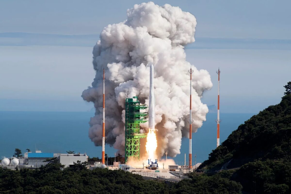 South Korea’s KSLV-2 rocket blasts off from a seaside launchpad.