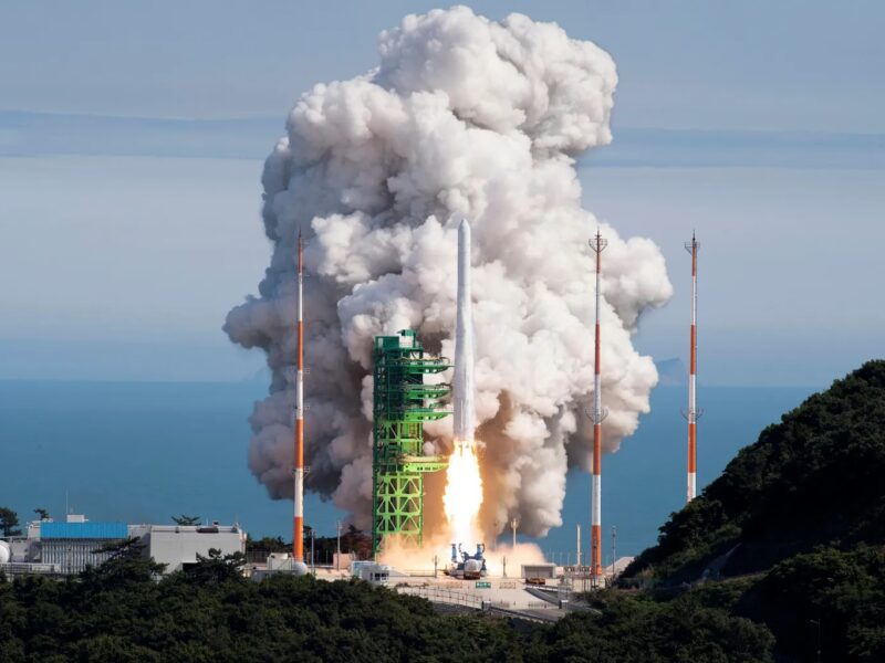 South Korea’s KSLV-2 rocket blasts off from a seaside launchpad.