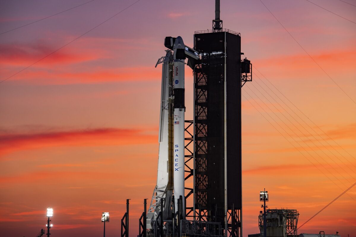 Crew Dragon Falcon 9 at dusk