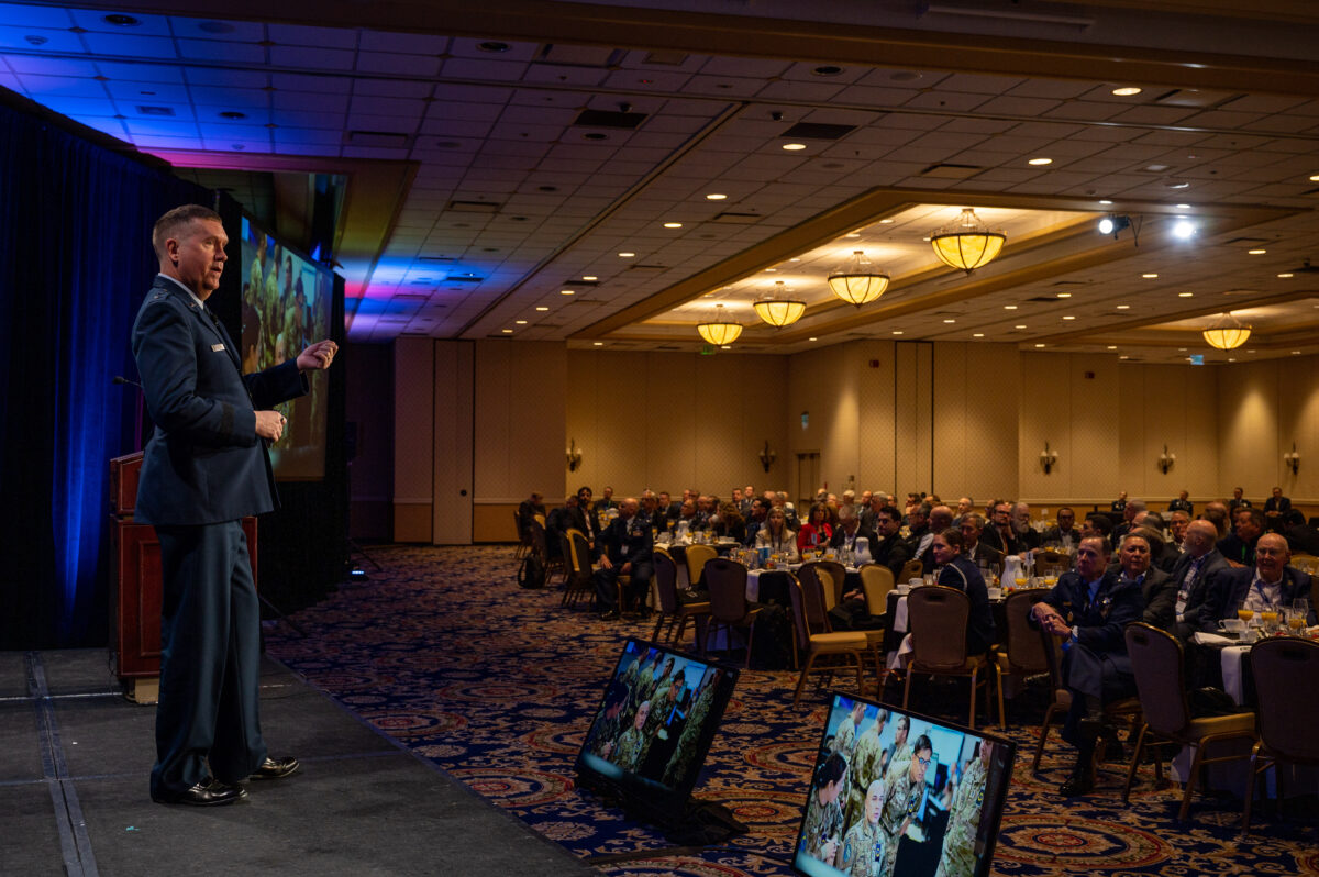 U.S. Air Force Maj. Gen. Shawn N. Bratton, Commander of Space Training and Readiness Command, gives remarks as the featured speaker for the 38th Space Symposium Satellite Forum Breakfast in Colorado Springs, Colo. on 19 April 2023. (U.S. Space Force photo by Ethan Johnson)