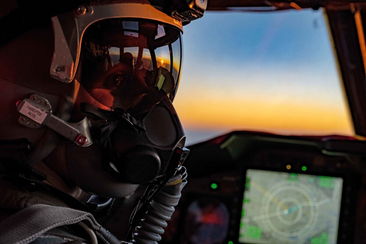 Capt. Levi Hilgenhold, 23rd Expeditionary Bomb Squadron B-52H Stratofortress pilot, flies a B-52 during a Bomber Task Force mission as the sun sets over Saudi Arabia, Sept. 4, 2022. The aircraft departed from RAF Fairford, United Kingdom, and flew nonstop over the Mediterranean Sea, Arabian Peninsula, and Red Sea before returning to RAF Fairford. (U.S. Air Force photo by Senior Airman Michael A. Richmond)