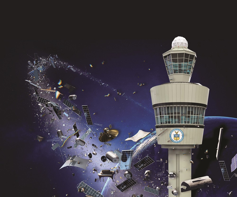Space debris and air traffic control tower