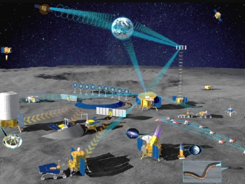 3D render showing a planned moon base, energy, communications and transportation infrastructure on the sunlit lunar surface, including orbiting satellites and a distant Earth in the background.