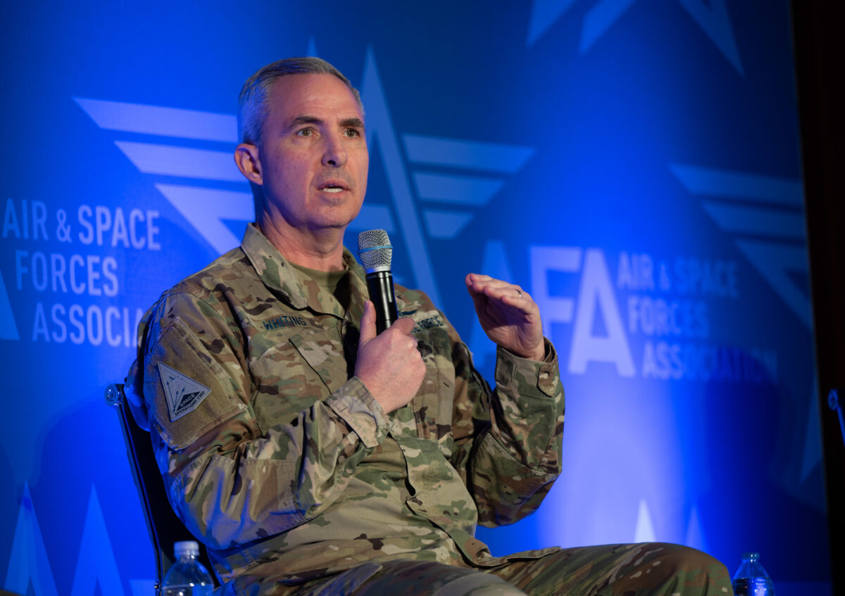 U.S. Space Force Lt. Gen. Stephen Whiting, Commander of Space Operations Command, participates in a panel discussion at the 2023 Air and Space Forces Association Warfare Symposium in Aurora, Colorado, March 7, 2023. Whiting shared the stage with Gen. Mark Kelly, Commander of Air Combat Command, and Italian Lt. Gen. Alberto Biavati, Italian Air Force Operational Forces Commander, for a panel titled "Every Threat a Target." (U.S. Space Force photo by Dave Grim)