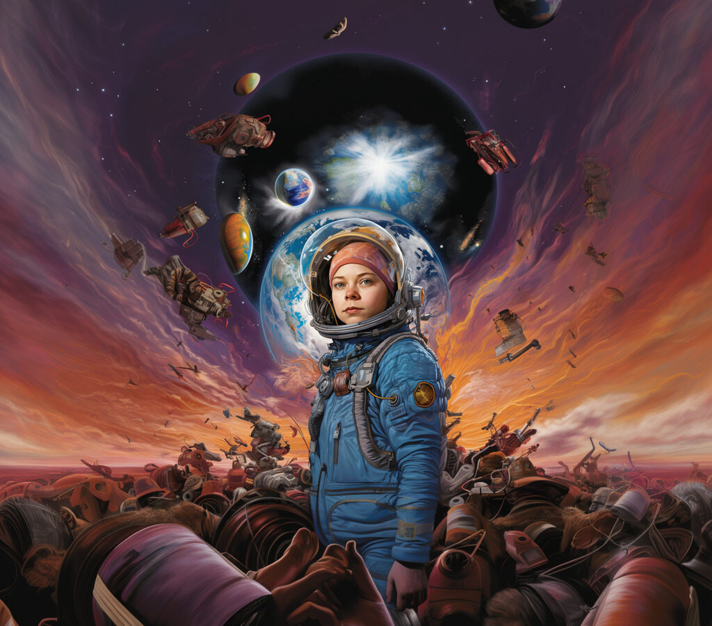A digital illustration of a young astronaut in a blue space suit against a swirling purple and orange background